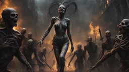 a horrifying death screaming female banshee leading an army of rotting zombies through burning city. fantasy setting. h.r. giger. armor melted into the skin. blood. intense horror. blind terror. scared to death. a masterpiece, fantasy concept art, dynamic lighting, hyperdetailed, intricately detailed, deep color, Unreal Engine, volumetric lighting, Epic cinematic brilliant stunning intricate meticulously detailed dramatic atmospheric maximalist digital matte painting