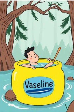 a picture of a guy bathing in a big yellow Vaseline jar, he is in a adventure park, with his wife, art style cal arts, simple character design, round mouths non tapering lines, minimalist and fluid