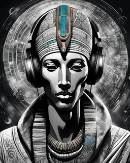 Illustrative sketch of Pharaoh Akhenaten in music with headphones, contrasting colors, ultra quality, hyper detailed, graffiti, concept art, maximalism, 8k