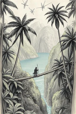 Vasco Núñez de Balboa crossing the panama jungle to the pacific ocean in the style of davinci sketch