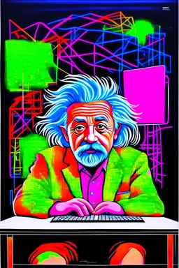 albert einstein in with laptop vivid colors