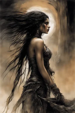 Hyper-photorealistic watercolor art style by Luis Royo & Stephan Martiniere, Surreal fine art etching of a figure by Luis Royo, tanned skin inscribed with the transient story of mortality, ethereal light playing with its form whispering tales of an eternal realm, eyes, black as the depths of the night, ardently pinand looking towards the endless skies, of black hair mirroring the mystery of the cosmos around, whole scene tinged with an ethereal softness from volumetric lighting, hues gr,