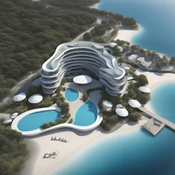 Residential complex by the sea, Zaha Hadid style, aerial view, ultra quality, hyper detailed, digital art, 8k 3D