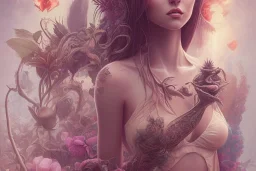 Lilith, Goddess, tropical flowers, realistic heart drawing, crystals, tropical leaves, sacred altar, Fantasy home, Helen with cute animal