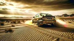 Capture a cinematic wide-angle shot featuring a 1998 Honda Civic racing through a post-apocalyptic desert road during a sandstorm. Embrace a post-apocalyptic photography style for a realistic yet dramatic atmosphere, emphasizing the importance of achieving a cinematic look. Depict the Honda Civic as resilient in this transformed world, navigating the harsh desert conditions and swirling sandstorm with speed and intensity.