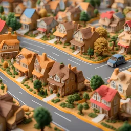 Waffle neighborhood diorama, suburban homes made entirely from waffles, waffle textures, fantastical, mega detailed, photoreal, maximalism, dynamic composition, sign post says "WAFFLE LANE"