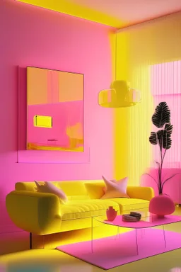 Living room, yellow walls, transparent glass furniture, modern, LED pink lighting, modern art, cool vibes
