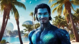 beautiful gorgeous young man na'vi with long hair, Avatar, blue skin, two small ears, green eyes, black hair, in cosmic suit, galactic ambiance, medium pointy goatee , smiling, with spaceship and planets and palm trees and clear crystaline cosmic beach in background