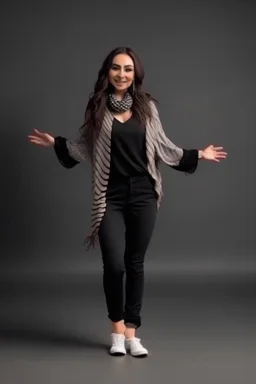 full body of very beautiful girl pants and jacket , curvy hair with lace scarf ,standing idle pose in studio pretty makeup,perfect face