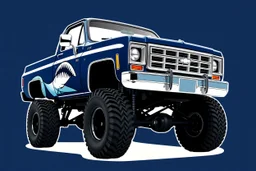 front corner 1976 Chevrolet square body truck(lifted) facing to viewer's left, with shark nose graphic on sides, navy blue background
