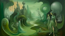 Fantastical, allegorical painting evoking the distinctive aesthetic of Lisa Yuskavage, with distorted, ambiguous figures set against a surreal, dreamlike landscape., sophisticated muted-green color scheme