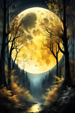 a translucent golden moon, looking down at a beautiful tri coloured fantasy forest