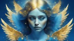 beautiful sad woman angel, double exposure in fantasy style, blue, gold, sparkles, fine rendering, bright colors, photorealism, 3D, with acrylic elements