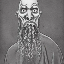 Picture of Cthulhu with white skin and a beard made of fleshy tentacles as a Russian Orthodox nosferatu vampire with yellow eyes and vampire fangs