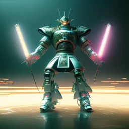 A portrait of a crystalised robot samurai with yakuza tatu, atmospheric, realistic, unreal engine cosmic galactic, cinematic lighting, octane render, random colors, transparent, cosmic ambiance, masterpiece, art by Yoji Shinkawa, composing fit inside