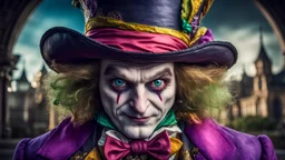 The mad hatter with extremely detailed bulging eyes and a head bigger than his body, bright vibrant colors, intricate details, HDR, beautifully shot, hyperrealistic, sharp focus, 64 megapixels, perfect composition, high contrast, cinematic, atmospheric, moody,