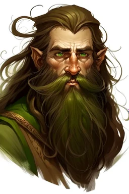 Gnom, braune lange wilde Haare, große, auffällig dicker Nase, grüne Augen, sehr jung (etwa zwanzig Jahre) , Druide, gebräunte Haut, ohne Bart, Mann