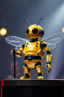 full figure Gordon Ramsey as a bee robot alien on podium