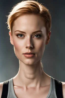 photo, rule of thirds, deborah ann woll dramatic lighting, short hair, detailed face, detailed nose, woman wearing tank top, smirk, realism, realistic, raw, analog, woman, portrait, photorealistic, analog, realism