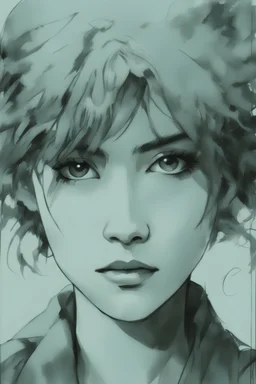 Portrait of a female with wavy hair, and tan skin color, drawn in Yoji Shinkawa style, black and white with a gray background.