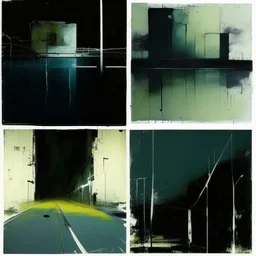 Minimal abstract oil paintings of a desolate concrete 1960s carpark. Road with distant Blurry lights. On the floor are concrete fragments and road markings . In the dark mysterious style of Justin Mortimer and Francis Bacon.