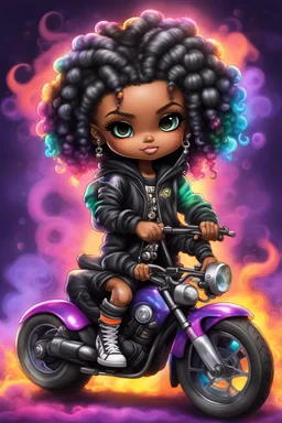 Create an digital airbrush illustration of a chibi cartoon black female wearing tie dye hoodie and black tights and biker boots. Sitting on a colorful sports motorcycle. Prominent make up with long lashes and hazel eyes. Highly detailed long twisted bantu knots. Background of a bike show and smoke around her.