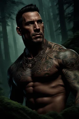 Jason David Frank muscular man with short hair and tribal tattoos piercings in forest, realistic face, close-up, dark fantasy, smoke in the sky, intricate details, hyper detailed