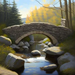 an artist sits next to a little stone bridge, painter's palette, easel brook, highly detailed, smooth colours