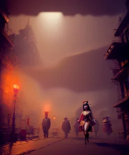 Surreal, steampunk , , cabaret scene. Geisha Asian woman. Fat old man, smoke, happy, hot, color fog, people background, highly detailed, concept art, unreal engine 5, god rays, ray tracing, RTX, lumen lighting, ultra detail, volumetric lighting, 3d, finely drawn, high definition, high resolution.