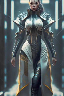 affluent caucasian female martial arts gown cyberpunk