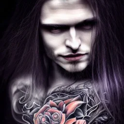 perfect long-haired Vampire, perfect eyes,perfect vampire teeth, full tattoos of roses art and trees extending past face and morphing into galaxy, 8k resolution, high-quality, fine-detail, intricate, digital art, volumetric lighting ,highly detailed, masterpiece, delicate detailed, sharp focus, insanely detailed, fantasy art, intricate detailed, elegant, fog, Special Lighting, Vibrant, color Scheme, forest, unreal engine 5, trending on artstation ,style Daniel Merriam