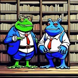 close a big and fat anthropomorphic frog hybrid in human clothes big head frog eyes talking with a strong anthropomorphic rhinoceros no horn, without horns in blue simple guard clothes, they talking and leaning on a wooden banister, in background a bibliothek with tall book shelves, detailed sci-fi, dark fantasy mood