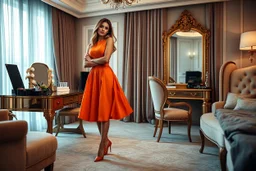 very beautiful lady with beautiful orange midi skirt and blouse standing in a luxury bedroom with high heels next to makeup desk looking to camera