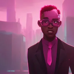 portrait of black man wearing pink glasses with background light in a desrt street of abnadonned new york