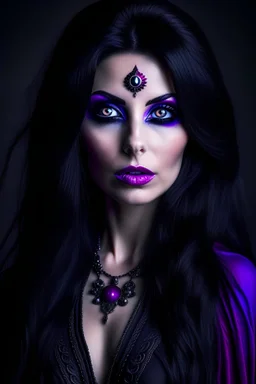 Beautiful evil sorceress with long black hair and purple eyes