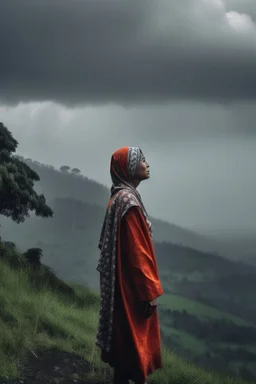 Wanita Indonesia berdiri di tepi bukit saat hujan deras sendiri menatap langit