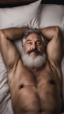 chubby italian 55 years old man in bed with his arms behind his head and hairy armpits, mustache, shirtless, very hairy, masculine, bullneck, photorealistic, photographic, very short white hairs, 32k, clear facial features, Cinematic, full figure photo, 35mm lens, f/1.8, accent lighting, side light