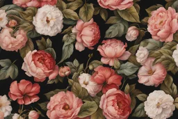 a close up of a floral pattern on a black background, real tropical flowers, elegant tropical prints, large jungle flowers, floral wallpaper,