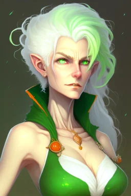 fantasy setting, woman with orange and white hair, white hair, green eyes, tall and frail, kind, soft facial traits