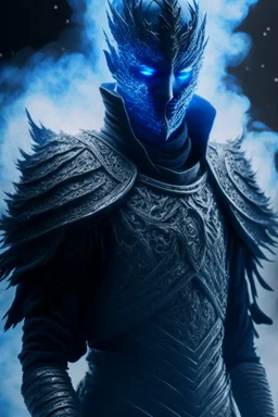 blue smoke in a shape of humanoid of colour of a storm wearing a scalemail armor