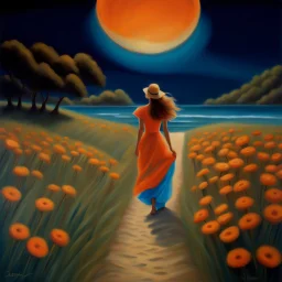 A woman's painting and Irish Sutter is walking in the field leading to the beach under a full moon, graceful, orange and azure, articular art, flower power, realistic but romantic, picturesque fabrics, dance -37:43 - -Style 750 v6