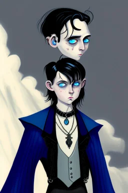 black haired blue eyed young man wizard with gothic jewelry in the style of charles addams