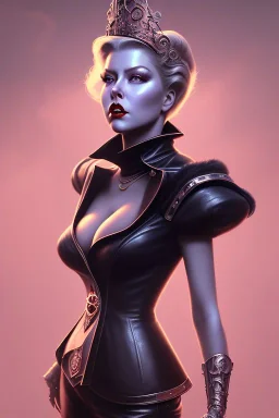 Lana Turner as evil queen in black leather, leather, busty, cleavage, angry, stern look. character design by cory loftis, fenghua zhong, ryohei hase, ismail inceoglu and ruan jia. unreal engine 5, artistic lighting, highly detailed, photorealistic, fantasy