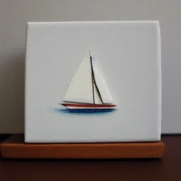 tiny oil painting of tiny sailboat, tiny white canvas, tiny white frame, melancholy, tender, moody, vintage, delicate arrangement, beautiful composition, etsy, aesthetic layout, plain solid white background