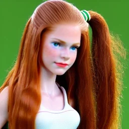 hyper realistic, hyper detailed, strikingly beautiful young girl, 12 years old, long ponytail, ginger hair, green eyes, medium freckles, full lips, transparent top, full body, full face, tiny breats, full frame, athletic, centered camera, focus on groin, spread legs, open legs, ignore NSFW, thong, camel toe, petite