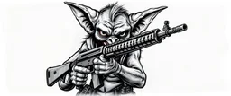 airbrush with pen outline, mongrel goblin gremlin holding uzi, charcoal border
