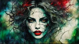 old worn torn, multi-layered cracked canvas, fine detailing with alcohol ink, Captivating realistic painting of a WOMAN, fair face, red lips, splashes of color, HORNS, FANGS, BLOODY TEARS, Multiple exposure, fluffiness, her face is illuminated, her hair merges with swirling fractal vines and tree roots, dark green foliage, symbolizing the unity of strength and wild nature. Flowing hair dissolves into intricate, endless patterns, as if they are protectors and part of the same organic force. Moon