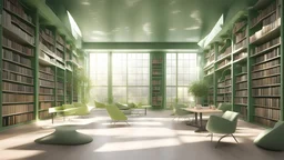 Modern green library interior with sunlight. Decor and desing concept. 3D Rendering