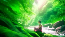 fantasy, During a summer afternoon, an East Asian woman relaxes on the slope near The glass House of the Tall Trees, with lush green foliage around her and the brook bubbling energetically nearby., adventure core, soft and dreamy depictions, epic eerie, soft pink color scheme, splitlight effect, profesional photography, hard shadows, high contrast