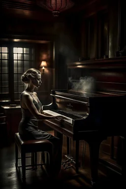 A woman playing a piano in a smoky bar from the 1930s. A nostalgic, moody atmosphere. The pianist is elegantly dressed. The lighting is dim and sultry, casting soft shadows across the room, highlighting the swirls of smoke and the reflective surface of the piano. The image is rich in texture and depth. The scene is captured as if through a Leica M3 camera for its timeless quality, with attention to the grain and tone of a high-speed film. Henri Cartier-Bresson style